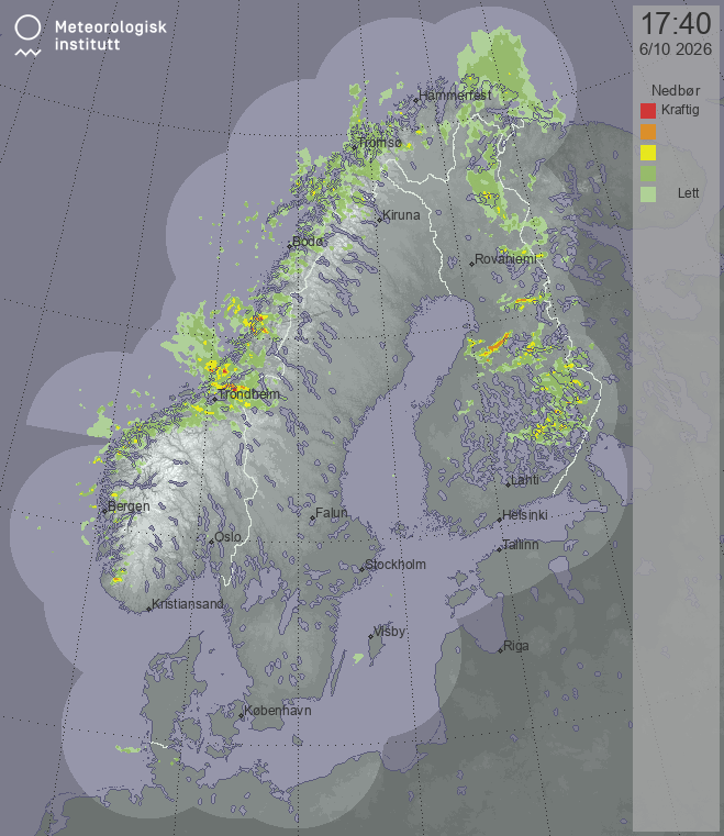Latest radar image — Nordic radar covers available parts of Norway, Sweden, Finland and Denmark.