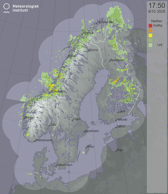 Latest radar image — Nordic radar covers available parts of Norway, Sweden, Finland and Denmark.